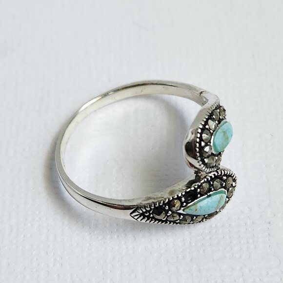 1990's Signed 925 Silver Classic Turquoise & Marcasite Ring Size 7 - Picture 3 of 12